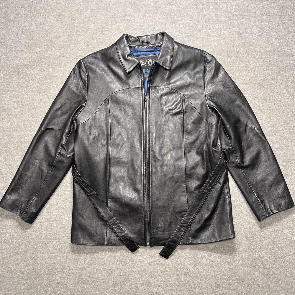Wilsons Leather Jacket Womens Large Black Pelle Studio Butter Soft Lined Belted